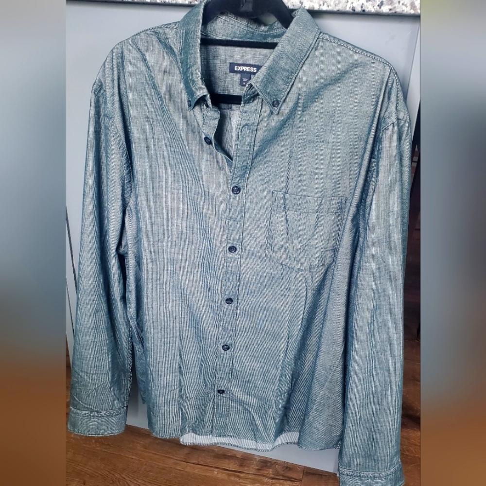 Men's XL Express Button Down Long Sleeve Corduroy Shirt, Green/Grey